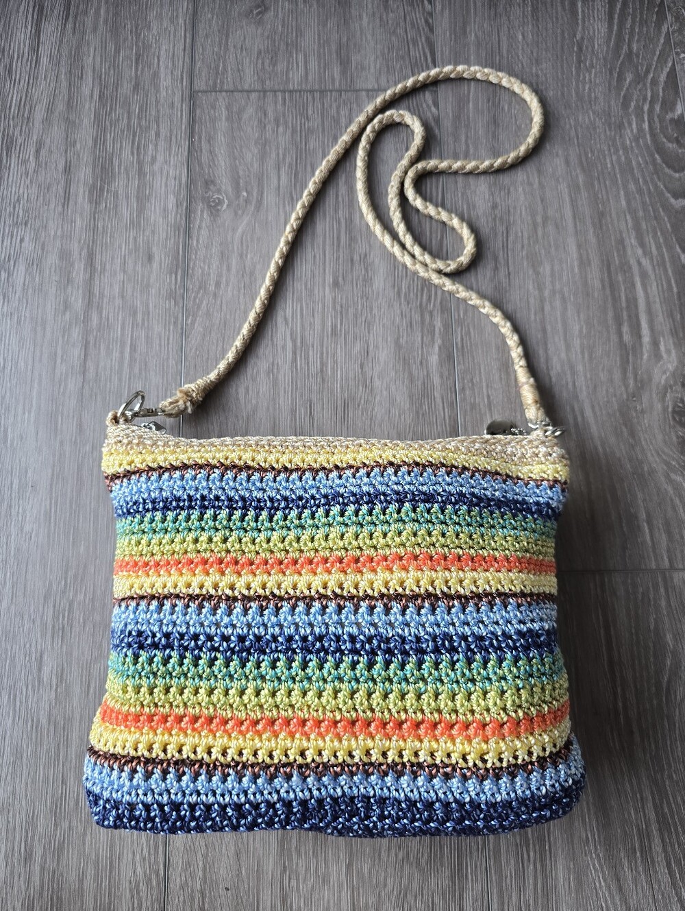The Sak Originals Crochet Crossbody Bag Multicolor Stripe Boho Purse Zip Top